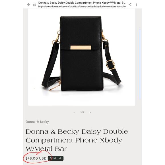 BLACK LEATHER PHONE CROSSBODY BAG DOUBLE COMPARTMENT DONNA & BECKY ELEGANT DAISY - Picture 5 of 5